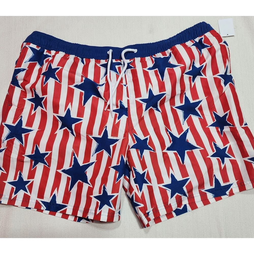 Mad Engine Men's XL Elastic Waist Stars & Stripes USA Flag Swim Trunks